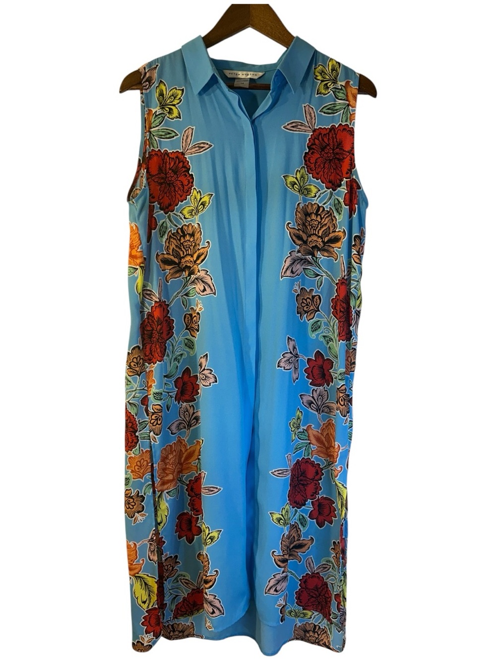 Peter Nygard Size 14 Blue Floral Sleeveless Midi Shirt Dress Overlay Cottagecore